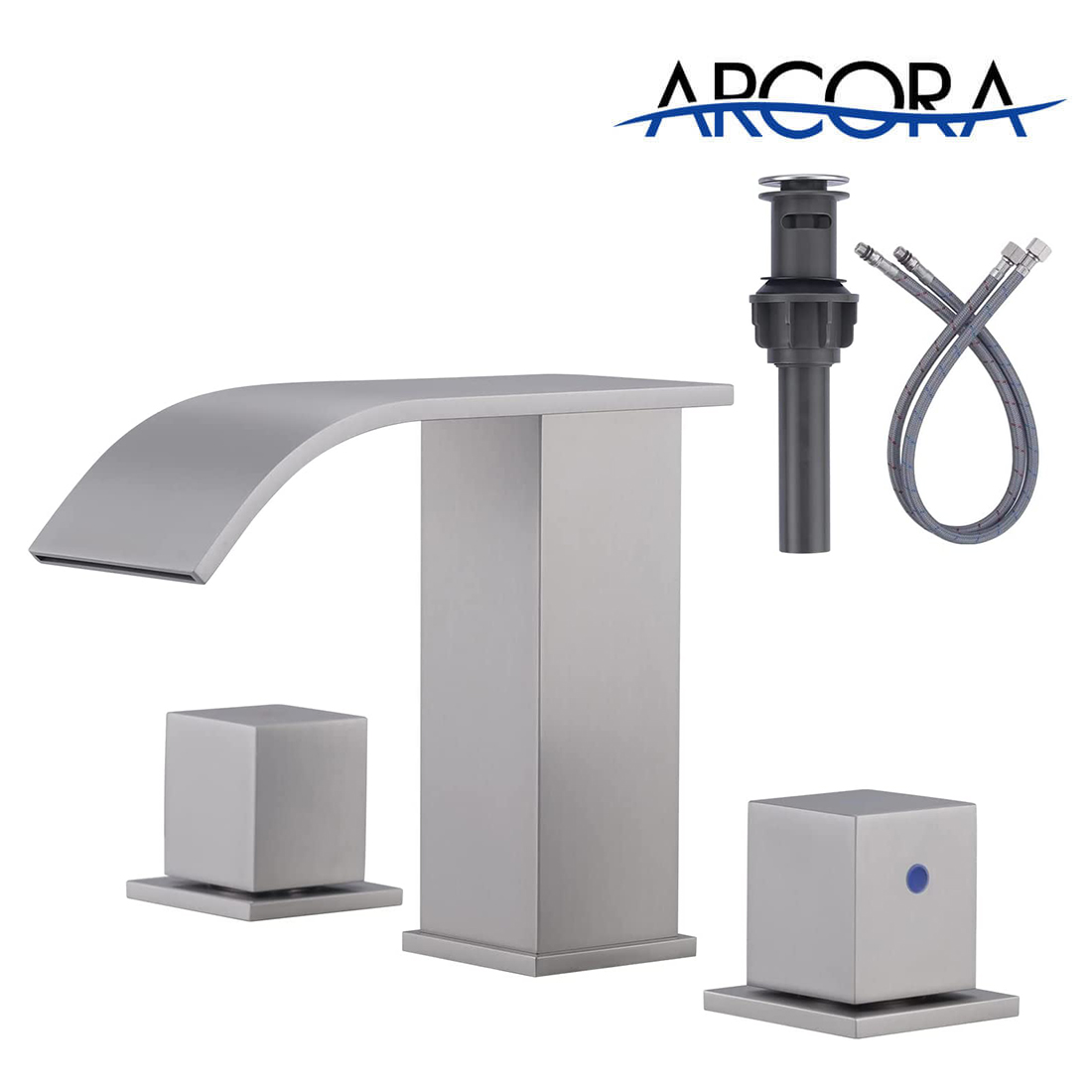 ARCORA 8 Inch Widespread Brushed Nickel Waterfall Bathroom Faucet with Pop Up Drain and cUPC Supply Lines