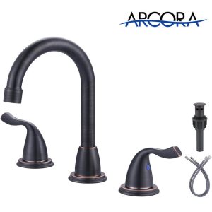 ARCORA 8 Inch Widespread Oil Rubbed Bronze Bathroom Faucet with Pop Up Drain and cUPC Supply Lines
