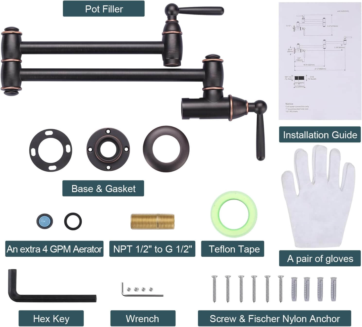 ARCORA Oil Rubbed Bronze Pot Filler Faucet Wall Mount Kitchen Folding