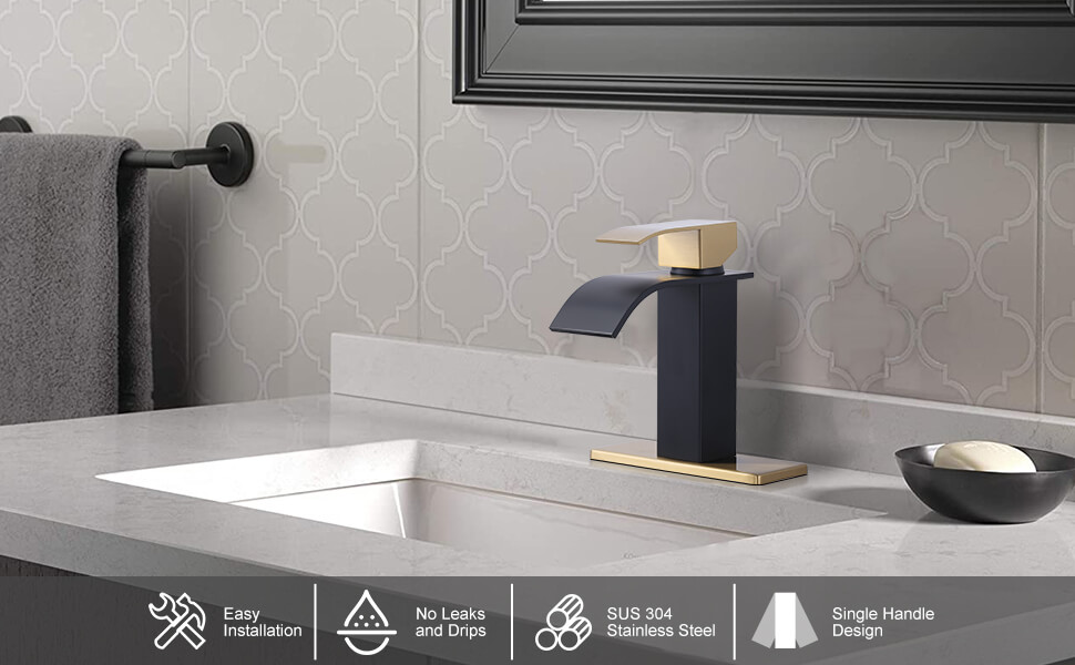 ARCORA Black and Gold Waterfall Bathroom Faucet with Deck Plate (1 Hole or 3 Hole) - Waterfall Bathroom Faucet - 2