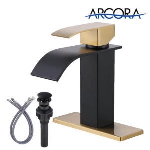 ARCORA Black and Gold Waterfall Bathroom Faucet with Deck Plate (1 Hole or 3 Hole)