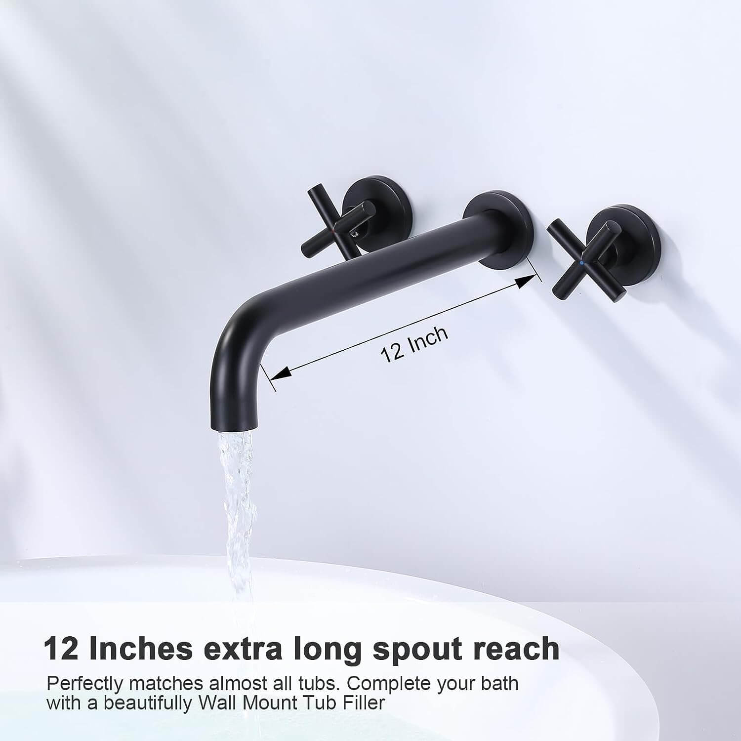 ARCORA Matte Black Wall Mount Tub Filler With 2 Cross Handle - Bathtub Faucets - 3