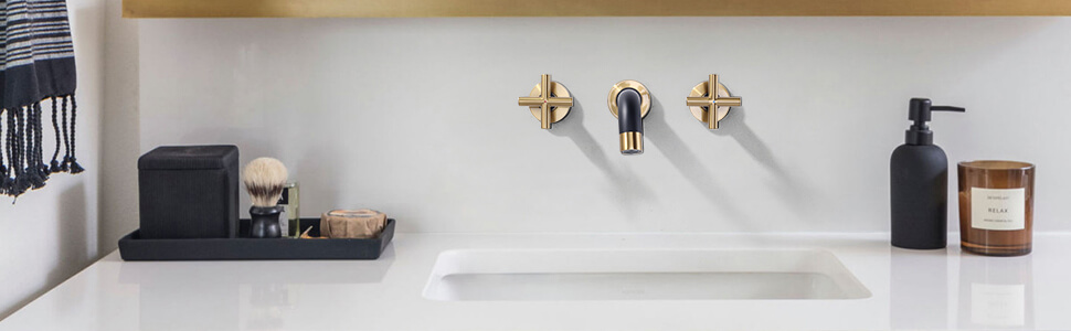 ARCORA Black and Gold 2 Cross Handle Wall Mounted Bathroom Sink Faucet - Wall Mount Bathroom Faucets - 4