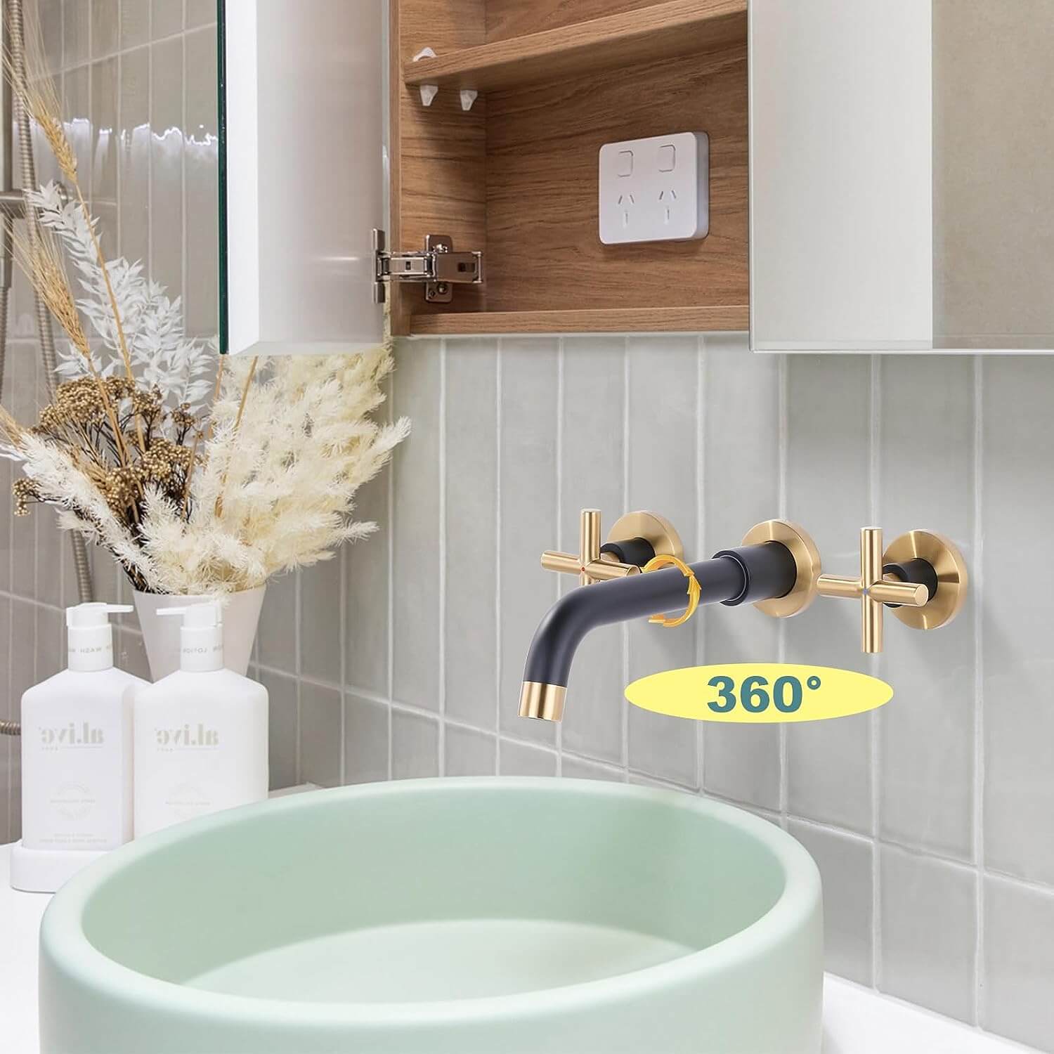 ARCORA Black And Gold 2 Cross Handle Wall Mounted Bathroom Sink Faucet ...