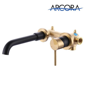 ARCORA Black and Gold Single Handle Wall Mount Bathroom Faucet with Rough-in Valve