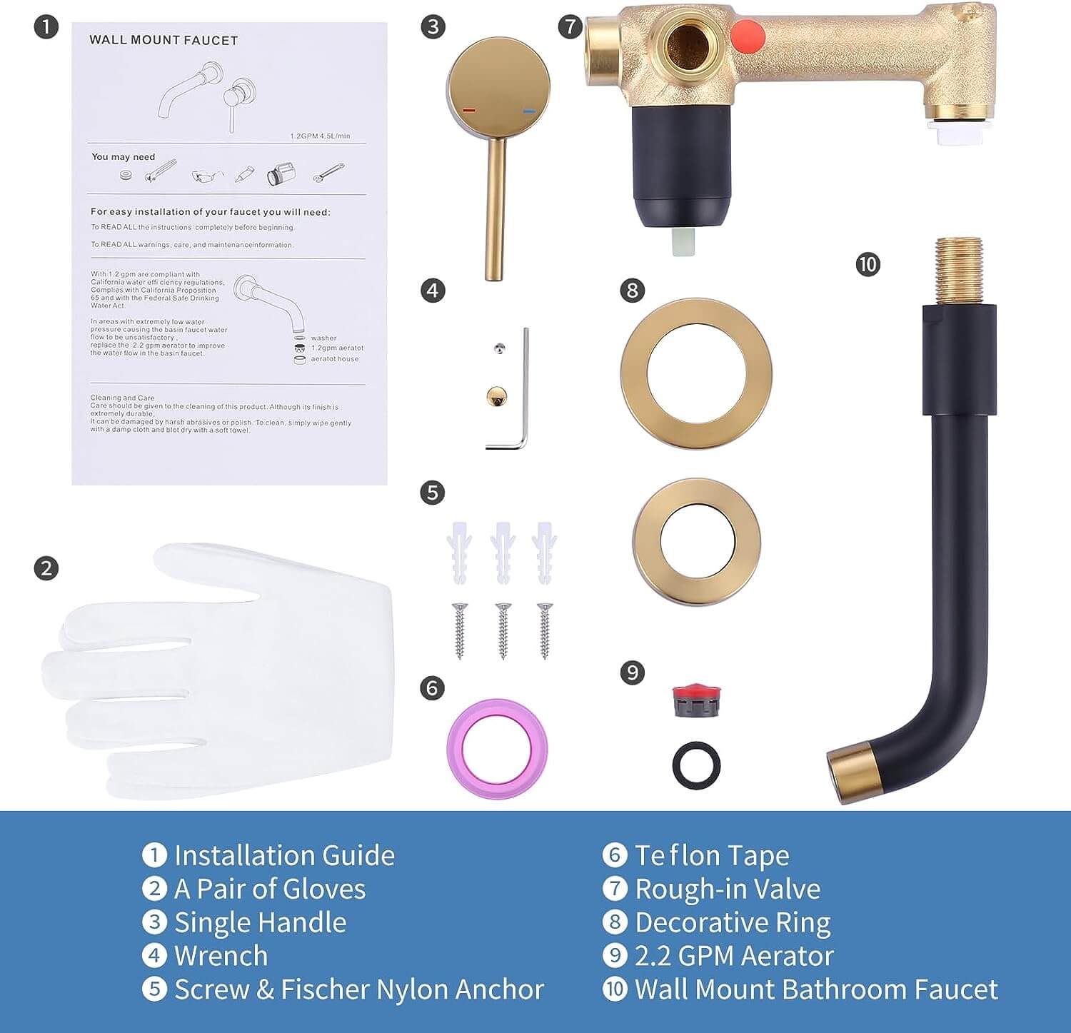 ARCORA Black And Gold Single Handle Wall Mount Bathroom Faucet With