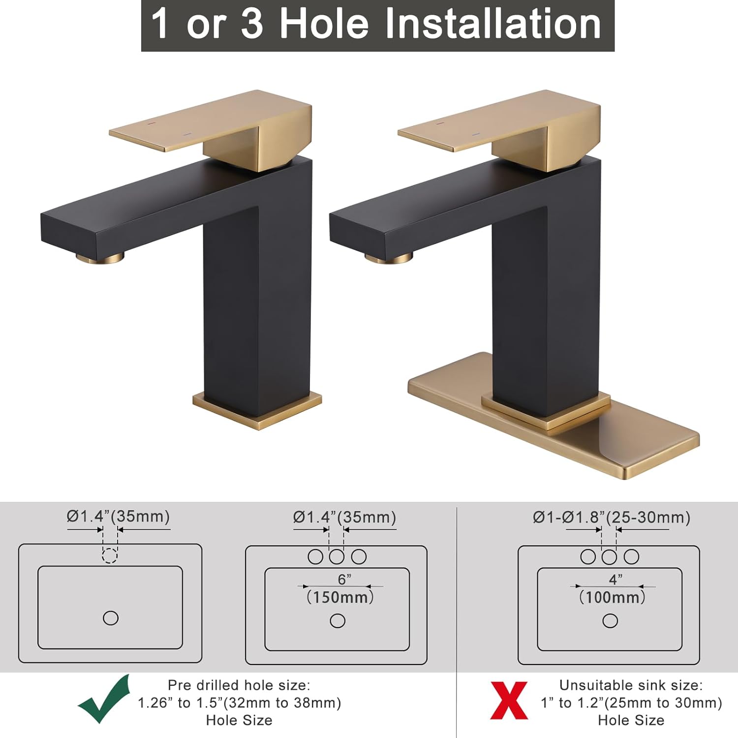 ARCORA Modern Black And Gold Bathroom Sink Faucet With Drain For 1 Or 3