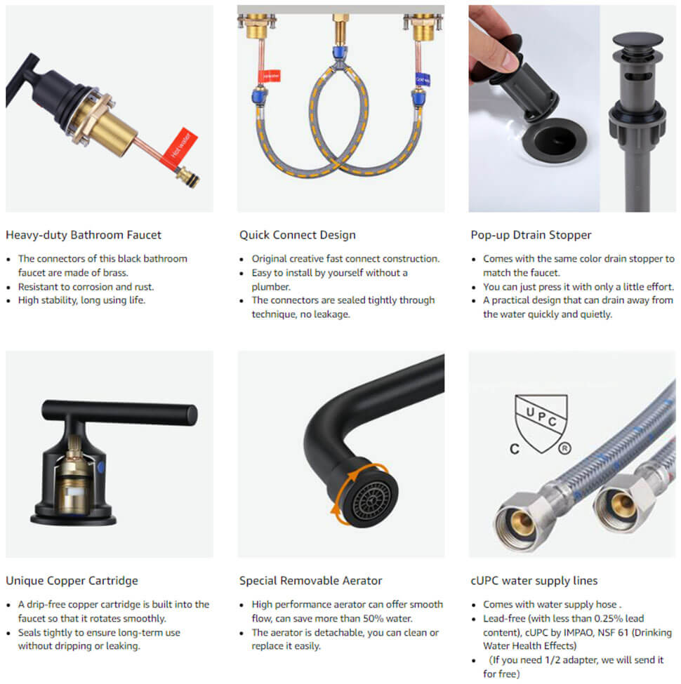 8 inch Matte Black Widespread Bathroom Faucet with 3 hole & 360° Swivel Spout - Widespread Bathroom Faucets - 3