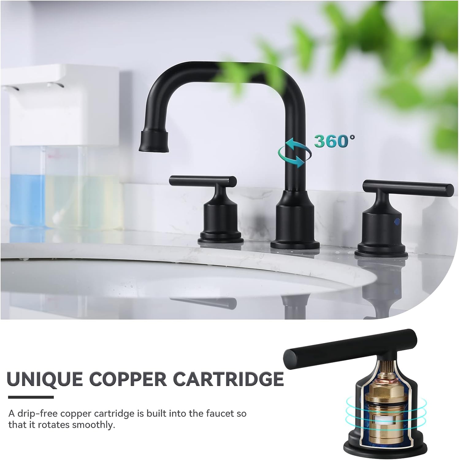 8 Inch Matte Black Widespread Bathroom Faucet With 3 Hole & 360° Swivel Spout | ARCORA FAUCETS