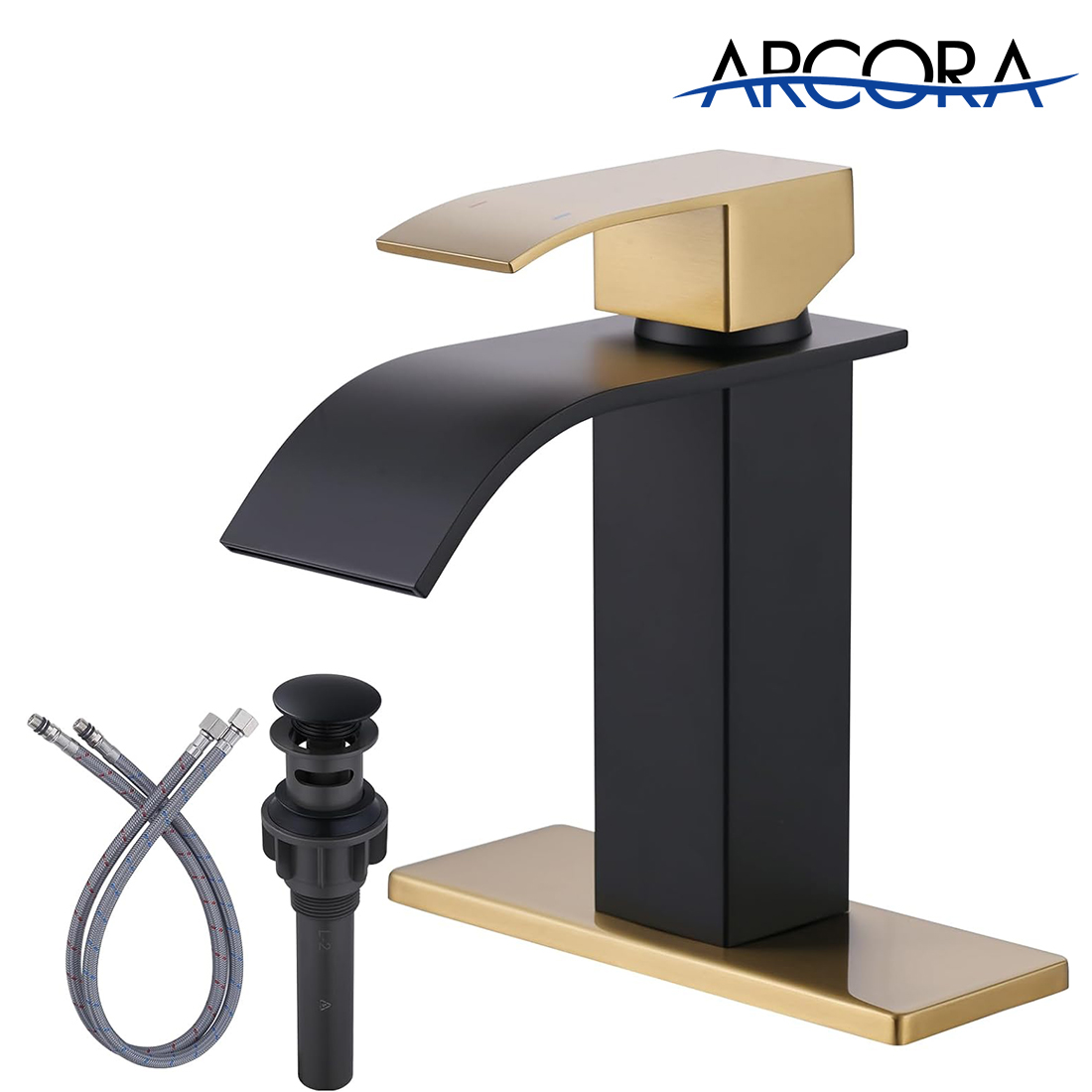 ARCORA Single Handle Black&Gold Waterfall Bathroom Sink Faucet with Pop Up Drain and Supply Lines