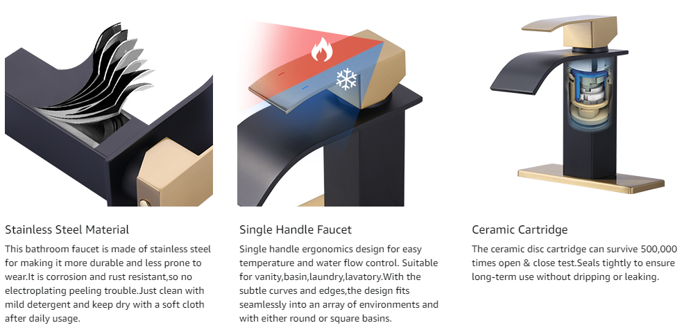 ARCORA Single Handle Black&Gold Waterfall Bathroom Sink Faucet with Pop Up Drain and Supply Lines - Single Handle Bathroom Faucets - 3