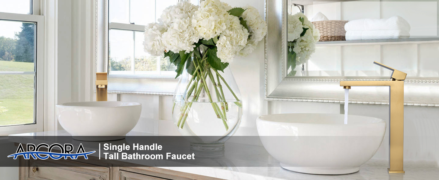 ARCORA Brushed Gold Vessel Sink Faucet with Pop Up Drain and Supply Lines - Single Handle Bathroom Faucets - 2