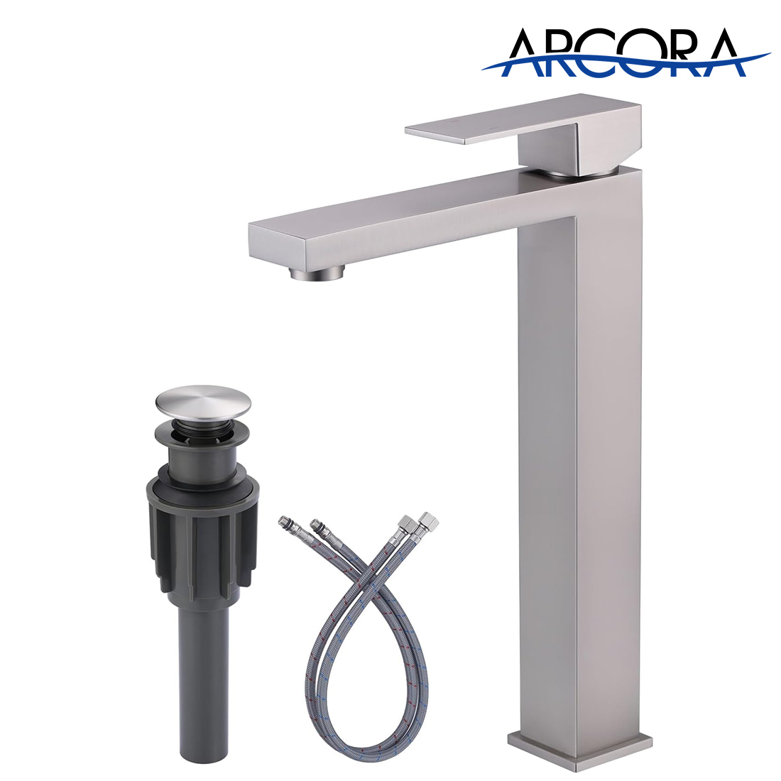 ARCORA Brushed Nickel Single Handle Vessel Sink Faucet with Pop Up Drain and Supply Lines
