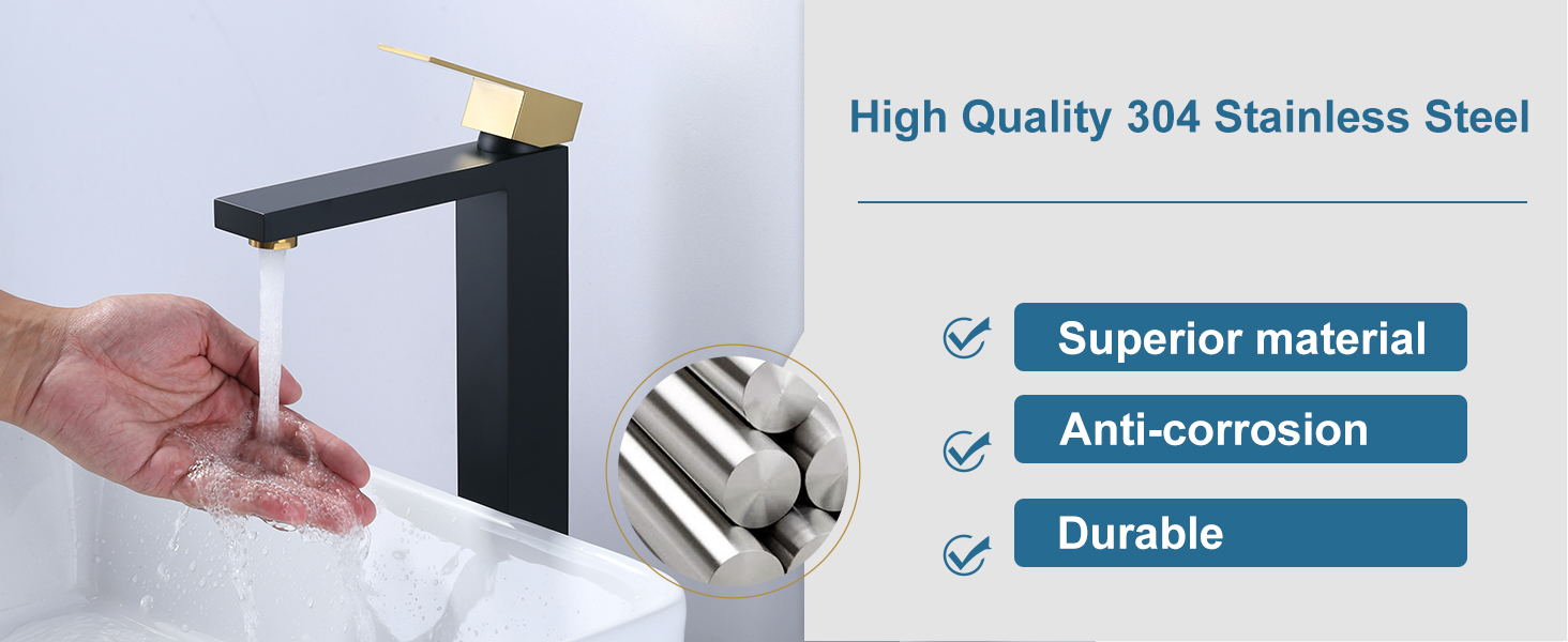 ARCORA Black & Gold Single Handle Vessel Sink Faucet with Pop Up Drain and Supply Lines - Single Handle Bathroom Faucets - 3