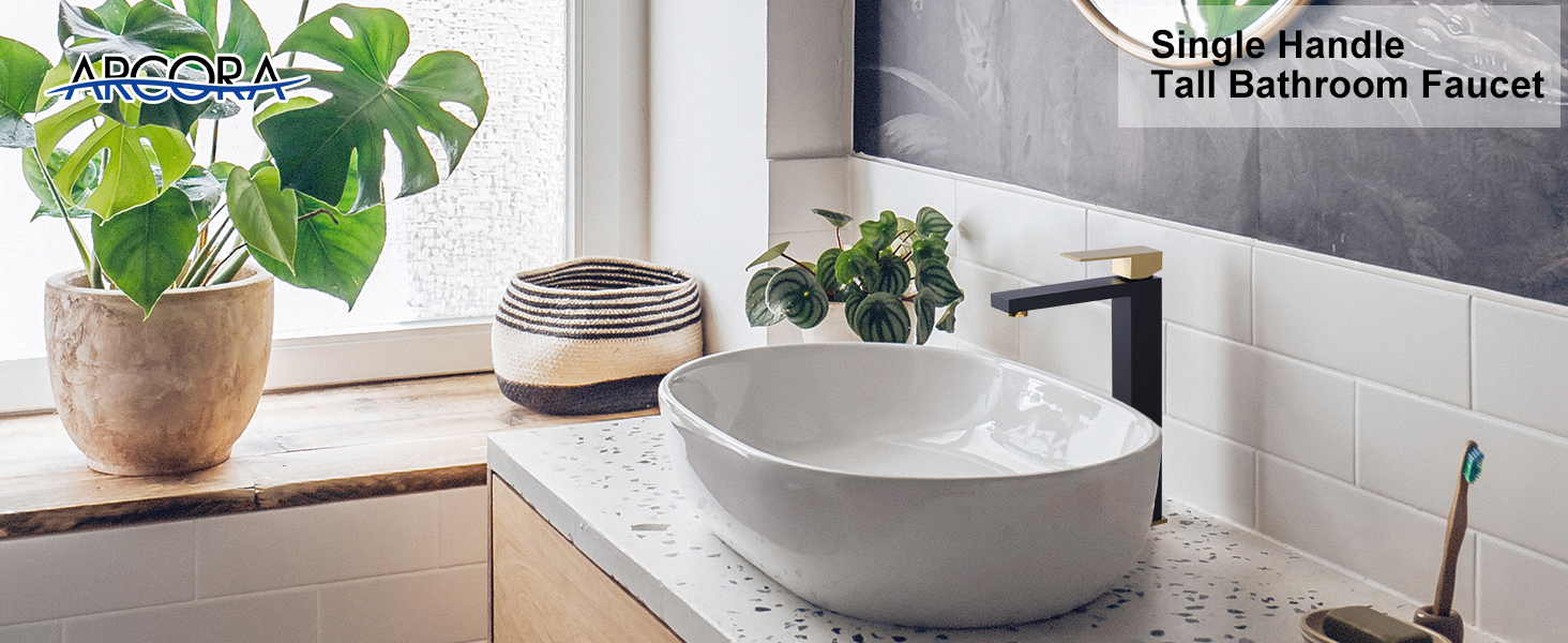 ARCORA Black & Gold Single Handle Vessel Sink Faucet with Pop Up Drain and Supply Lines - Single Handle Bathroom Faucets - 2