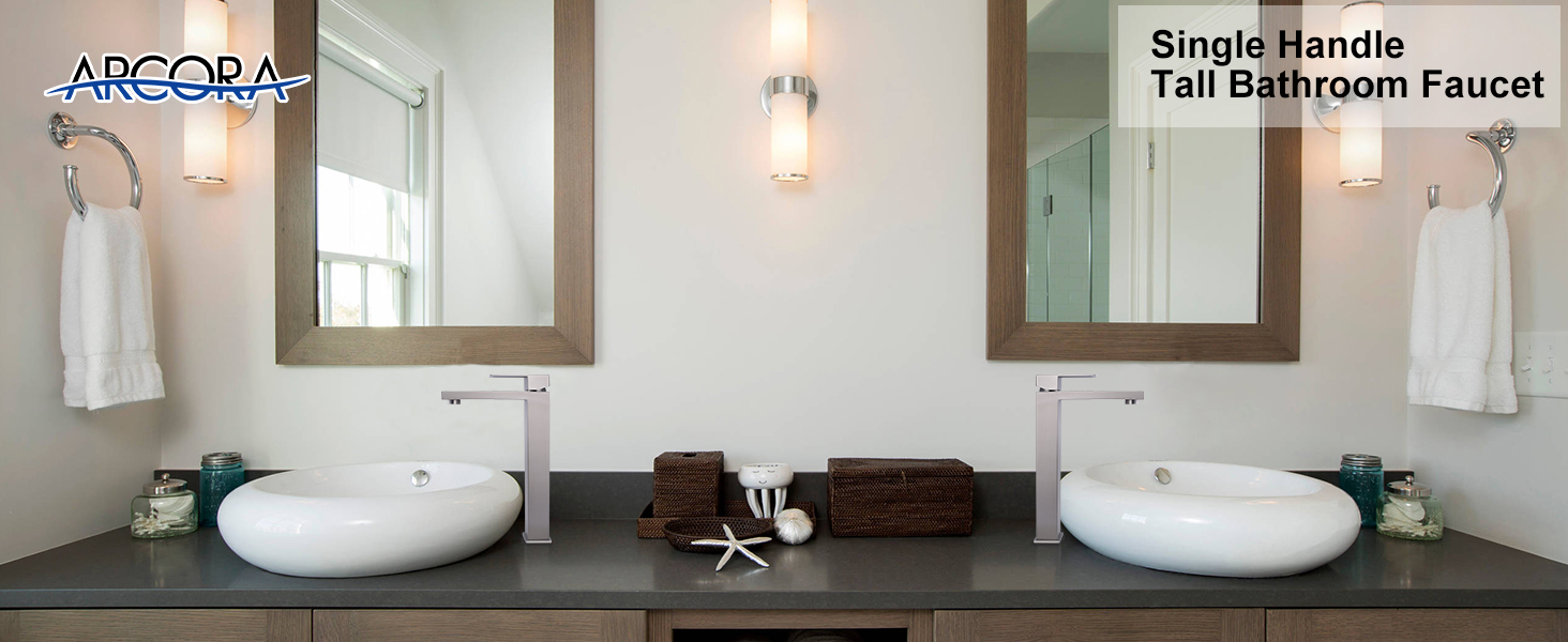 ARCORA Brushed Nickel Single Handle Vessel Sink Faucet with Pop Up Drain and Supply Lines - Single Handle Bathroom Faucets - 2