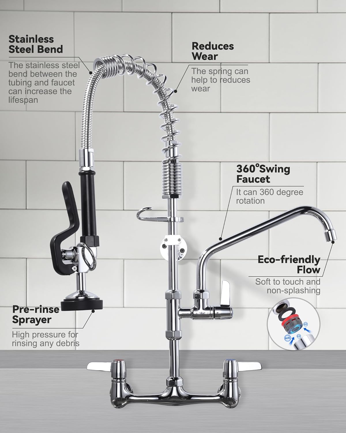 Kitchen Rinse Faucet Arcora Commercial Chrome Kitchen Faucet Wall Mount with Pre-Rinse ...