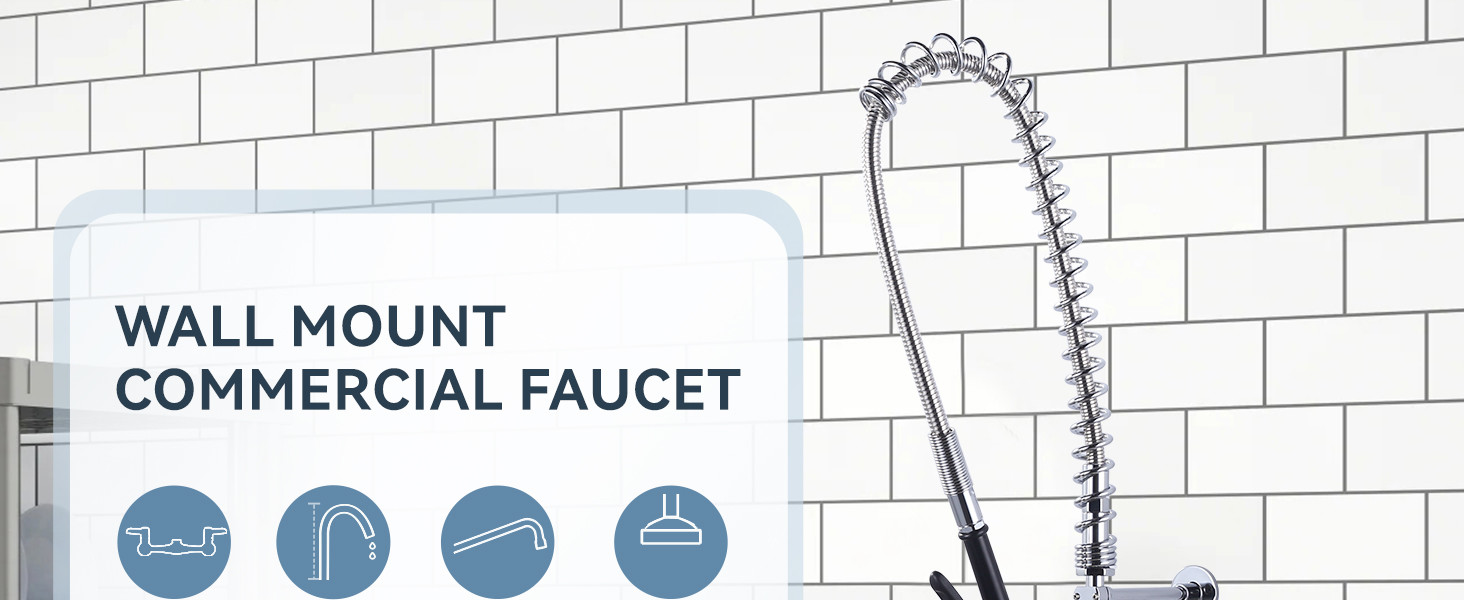 Arcora Commercial Chrome Kitchen Faucet Wall Mount with Pre-Rinse Sprayer - Hot Kitchen Faucets - 2