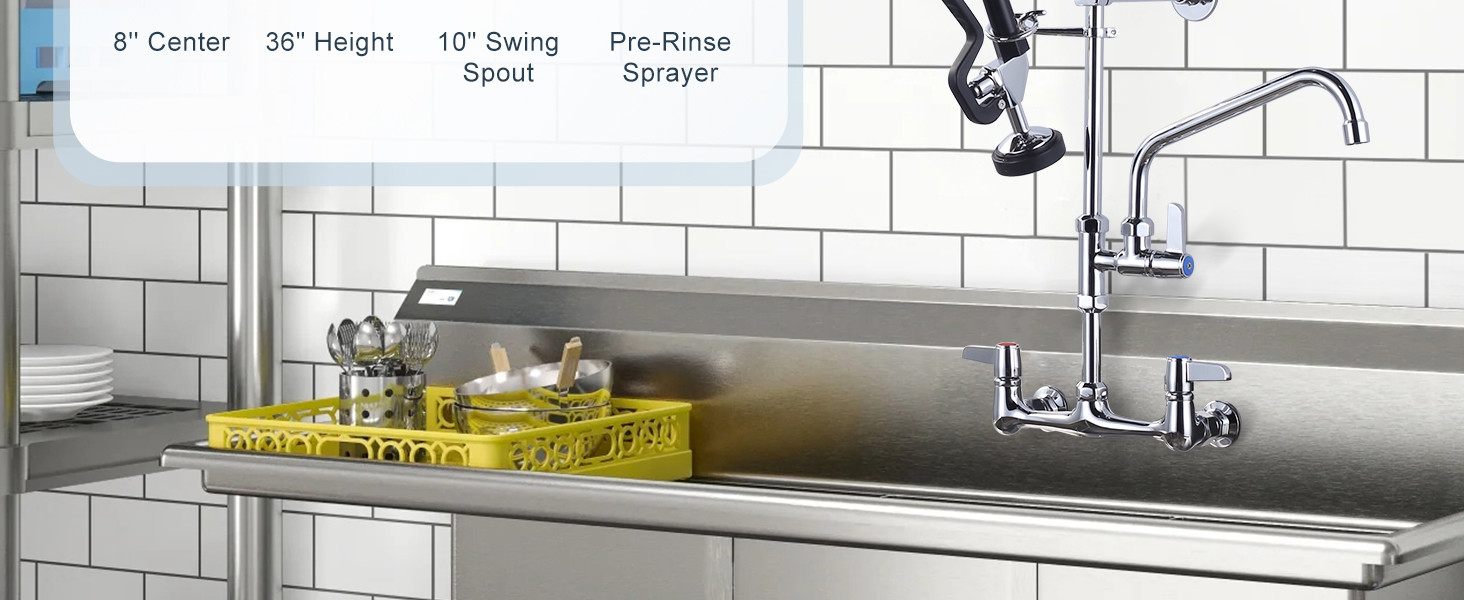 Arcora Commercial Chrome Kitchen Faucet Wall Mount with Pre-Rinse Sprayer - Hot Kitchen Faucets - 3