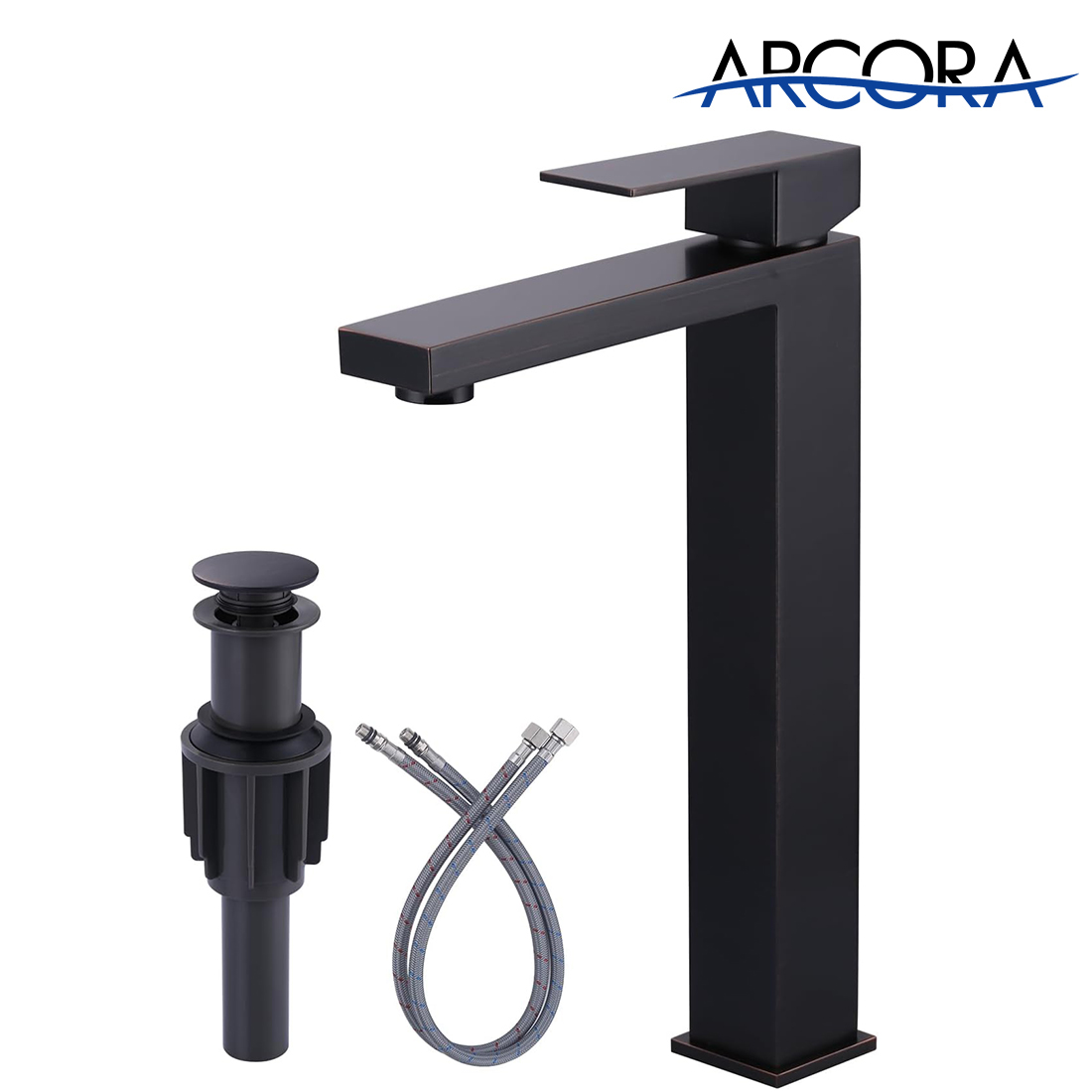 ARCORA Single Handle Matte Black Vessel Sink Faucet with Pop Up Drain and Supply Lines
