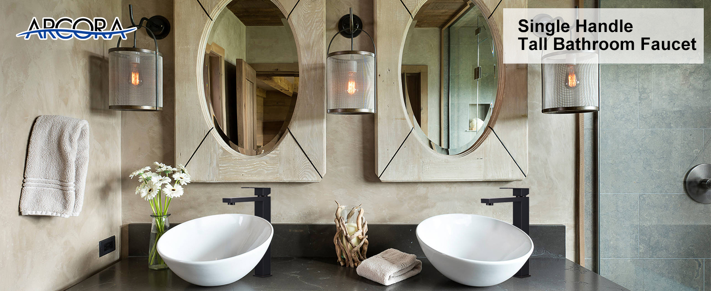 ARCORA Single Handle Matte Black Vessel Sink Faucet with Pop Up Drain and Supply Lines - Hot Bathroom Faucets - 2