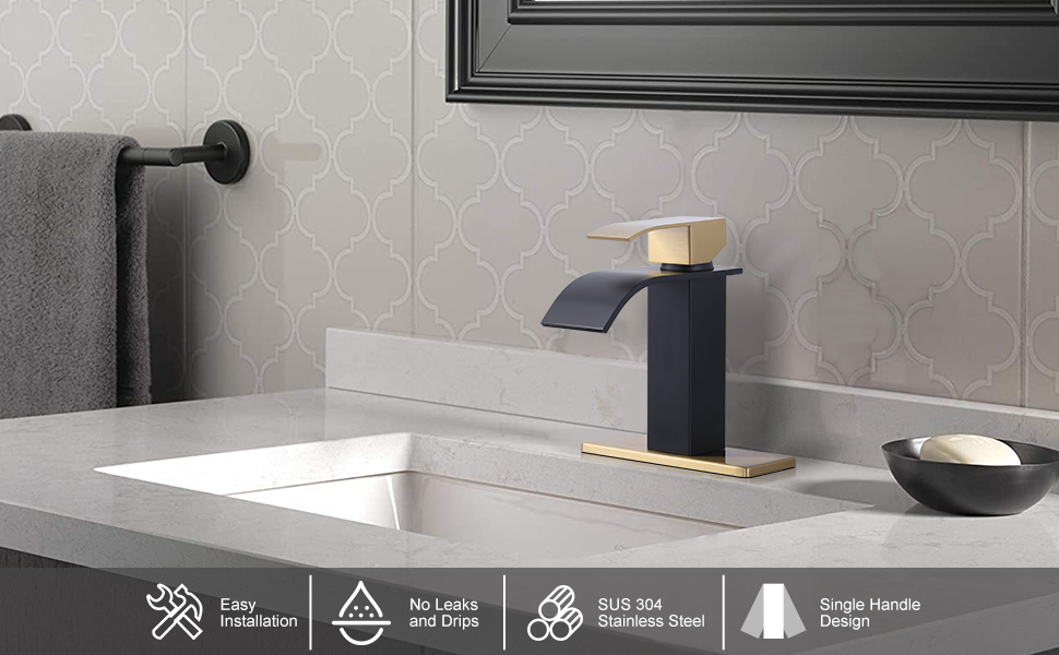 ARCORA Single Handle Black&Gold Waterfall Bathroom Sink Faucet with Pop Up Drain and Supply Lines - Single Handle Bathroom Faucets - 1