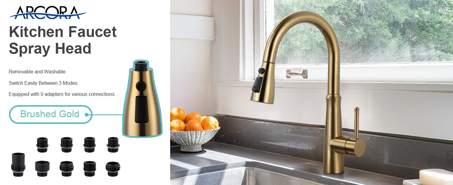 ARCORA 3-Function Brush Gold Kitchen Faucet Spray Head Replacement with 9 Adapters - Faucet Accessories - 1