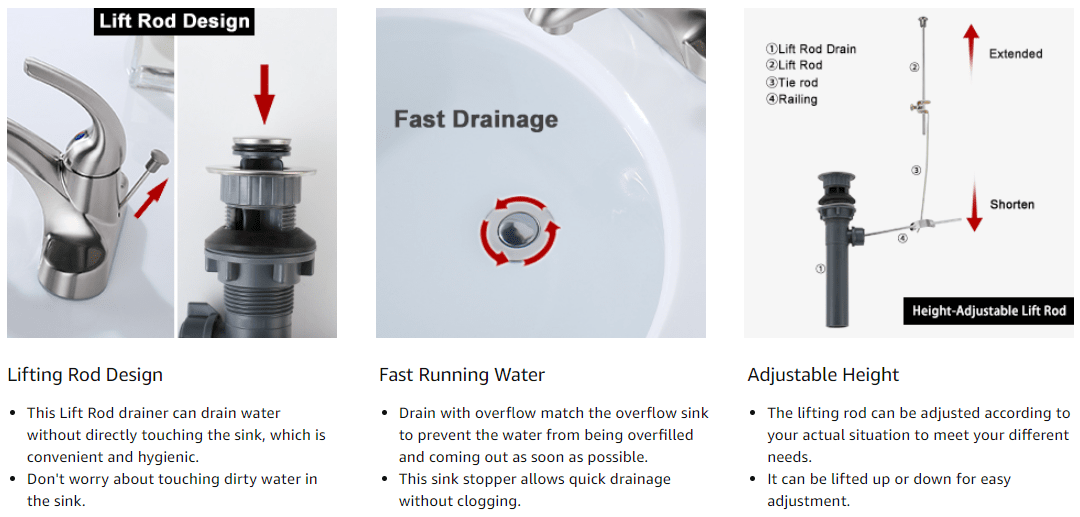 ARCORA Brushed Nickel Bathroom Sink Drain with Overflow & Lift Rod for Vessel Sink - Bathroom Accessories - 3