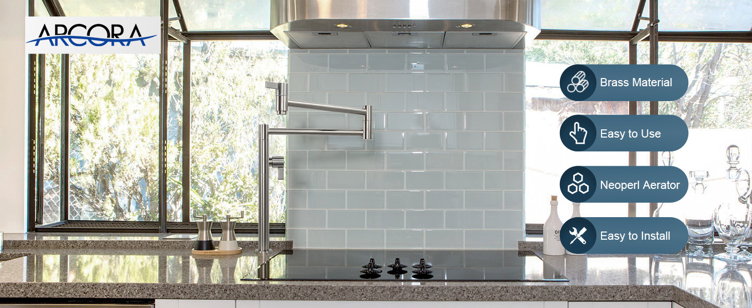 ARCORA Brushed Nickel Deck Mounted Solid Brass Pot Filler Kitchen Folding Faucet - Pot Filler Kitchen Faucets - 2