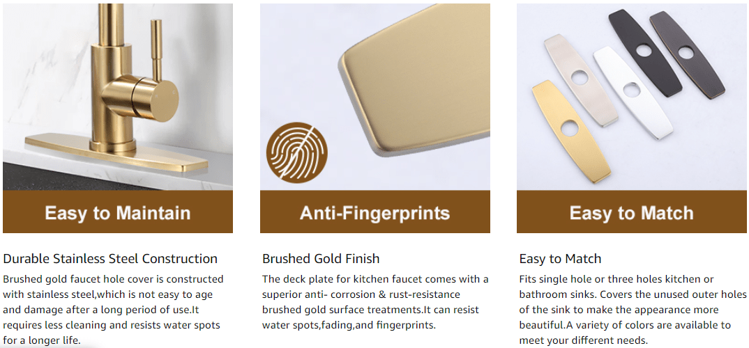 ARCORA 9.6 Inch Brushed Gold Faucet Hole Cover Stainless Steel Deck Plate for 1 or 3 Hole - Faucet Accessories - 3