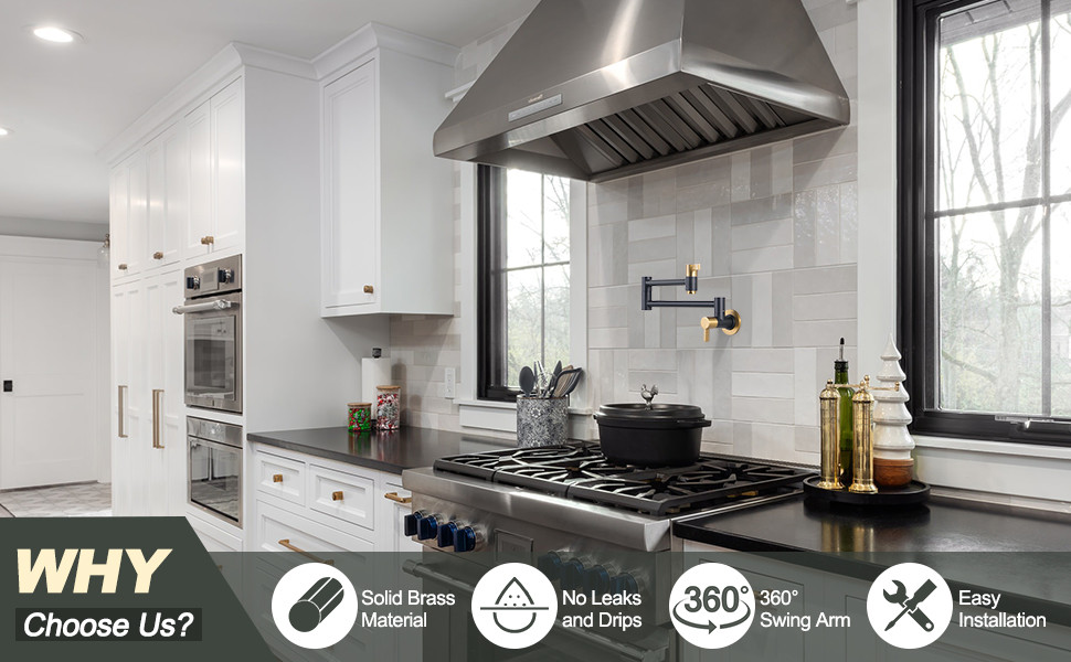 ARCORA Modern Black and Gold Pot Filler Wall Mount Folding Faucet with Double Joint Swing Arms - Pot Filler Kitchen Faucets - 2