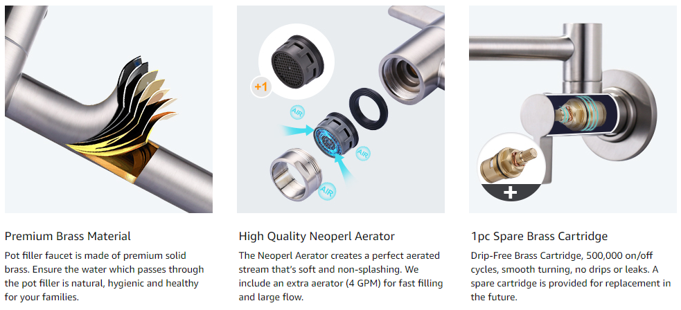 ARCORA Modern Brushed Nickel Pot Filler Wall Mount Folding Faucet with Double Joint Swing Arms - Pot Filler Kitchen Faucets - 3