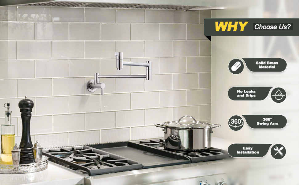 ARCORA Modern Brushed Nickel Pot Filler Wall Mount Folding Faucet with Double Joint Swing Arms - Pot Filler Kitchen Faucets - 1