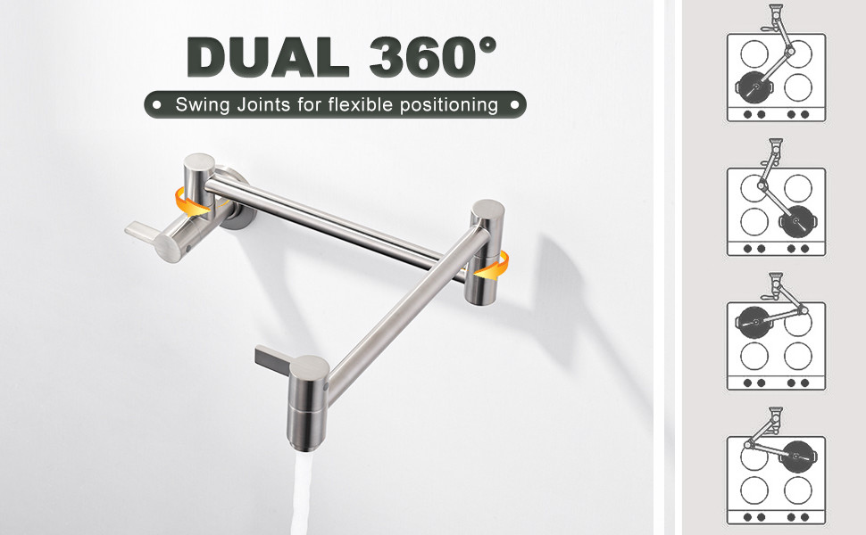 ARCORA Modern Brushed Nickel Pot Filler Wall Mount Folding Faucet with Double Joint Swing Arms - Pot Filler Kitchen Faucets - 2