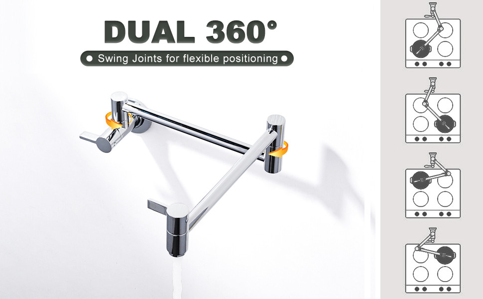 ARCORA Modern Two Handle Chrome Pot Filler Wall Mount Folding Faucet with Double Joint Swing Arms - Pot Filler Kitchen Faucets - 3