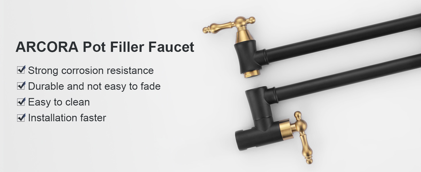ARCORA Modern Wall Mount Black and Gold Pot Filler Commercial Kitchen Faucet Over Stove - Pot Filler Kitchen Faucets - 6