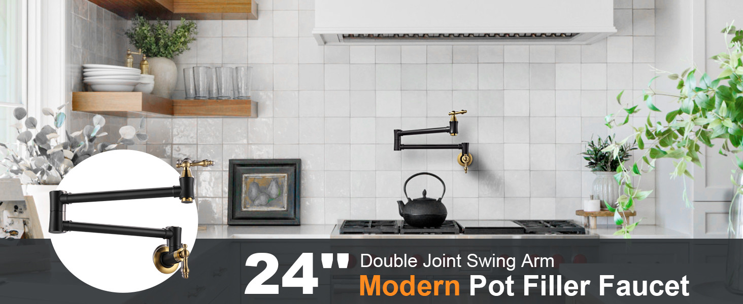 ARCORA Modern Wall Mount Black and Gold Pot Filler Commercial Kitchen Faucet Over Stove - Pot Filler Kitchen Faucets - 2