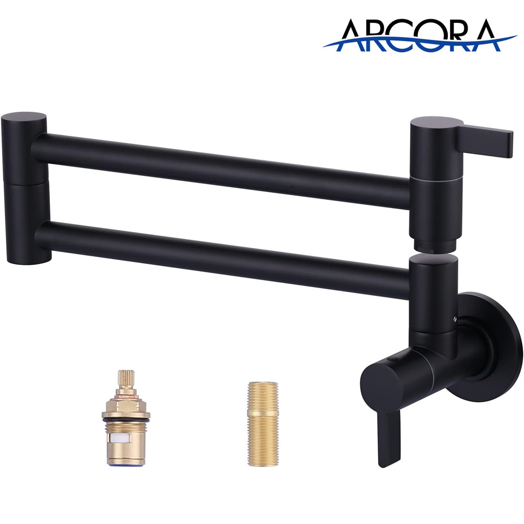 ARCORA Modern Two Handle Matte Black Pot Filler Wall Mount Folding Faucet with Double Joint Swing Arms