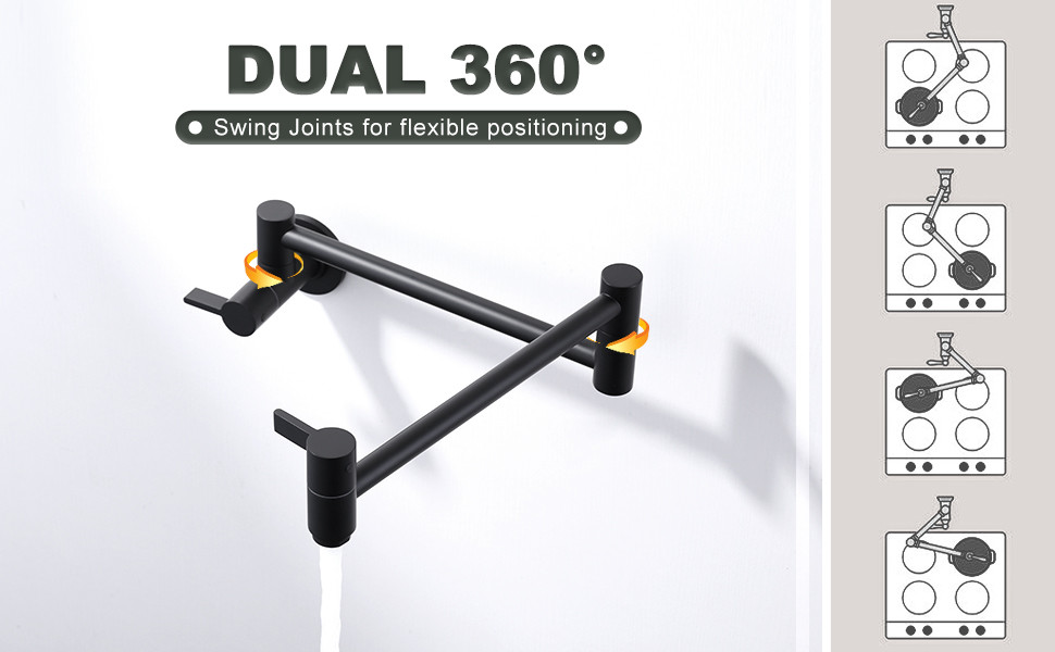 ARCORA Modern Two Handle Matte Black Pot Filler Wall Mount Folding Faucet with Double Joint Swing Arms - Pot Filler Kitchen Faucets - 3