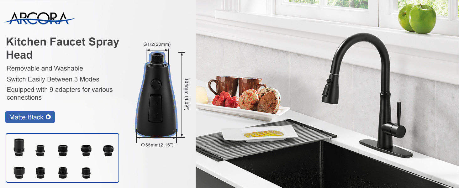 ARCORA 3-Function Matte Black Kitchen Faucet Spray Head Replacement with 9 Adapters - Faucet Accessories - 2