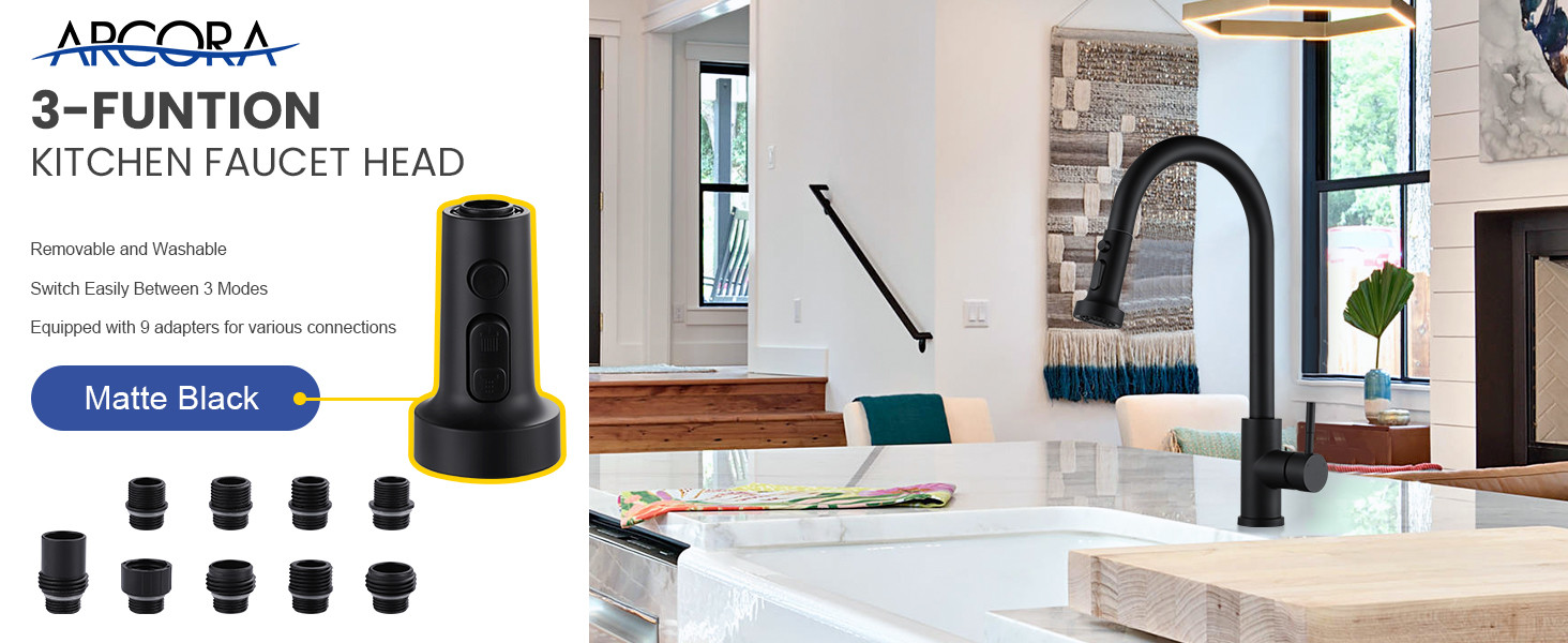 ARCORA Matte Black 3-Function Kitchen Faucet Sprayer Head Replacement with 9 Adapters Compatible with Moen, Delta - Faucet Accessories - 2