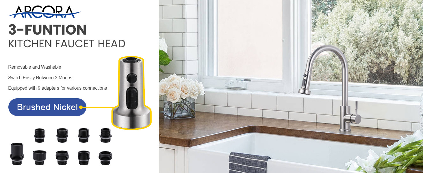 ARCORA Brushed Nickel 3-Function Kitchen Faucet Sprayer Head Replacement with 9 Adapters Compatible with Moen, Delta - Faucet Accessories - 5