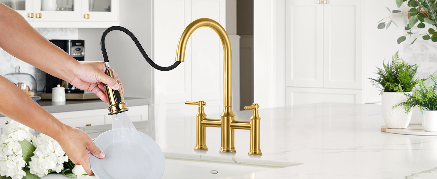 ARCORA 8 Inch Centerset Brushed Gold Farmhouse Bridge Kitchen Faucet with Pull Down Sprayer - Hot Kitchen Faucets - 3