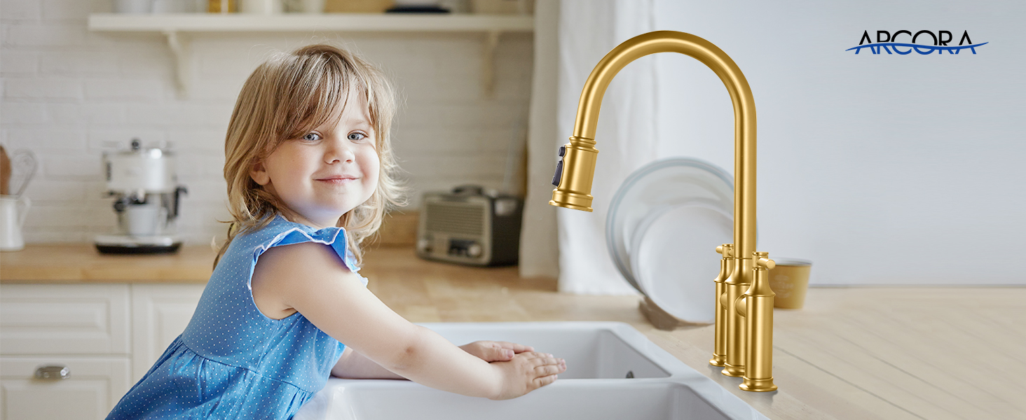ARCORA 8 Inch Centerset Brushed Gold Farmhouse Bridge Kitchen Faucet with Pull Down Sprayer - Hot Kitchen Faucets - 2
