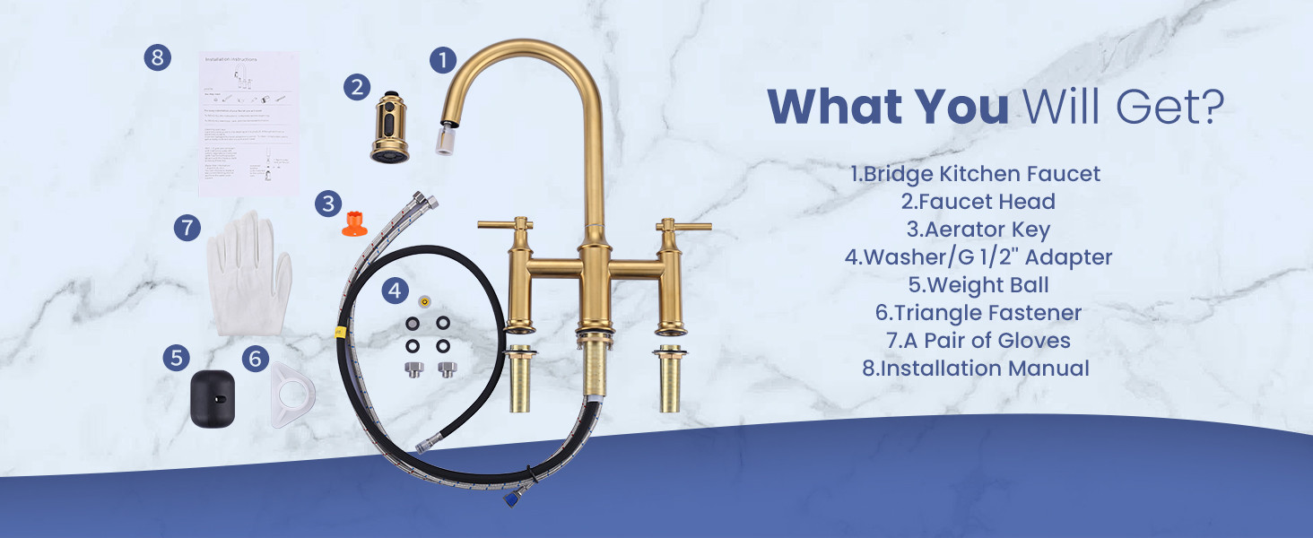 ARCORA 8 Inch Centerset Brushed Gold Farmhouse Bridge Kitchen Faucet with Pull Down Sprayer - Hot Kitchen Faucets - 7