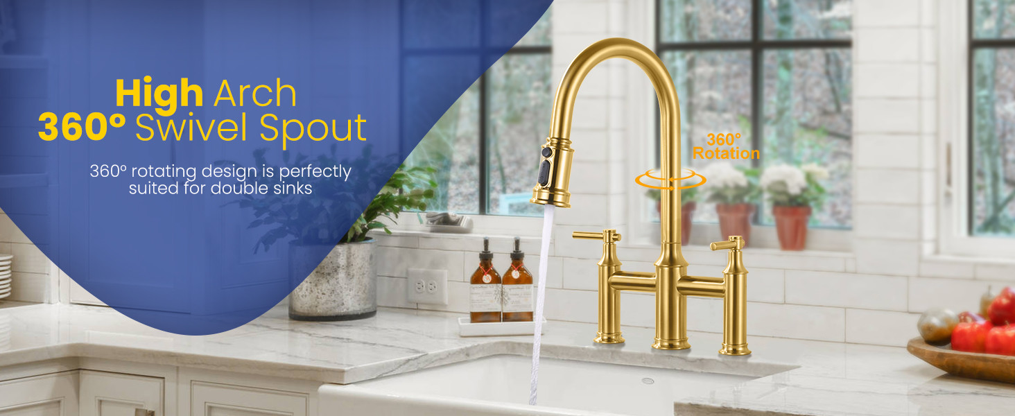 ARCORA 8 Inch Centerset Brushed Gold Farmhouse Bridge Kitchen Faucet with Pull Down Sprayer - Hot Kitchen Faucets - 4