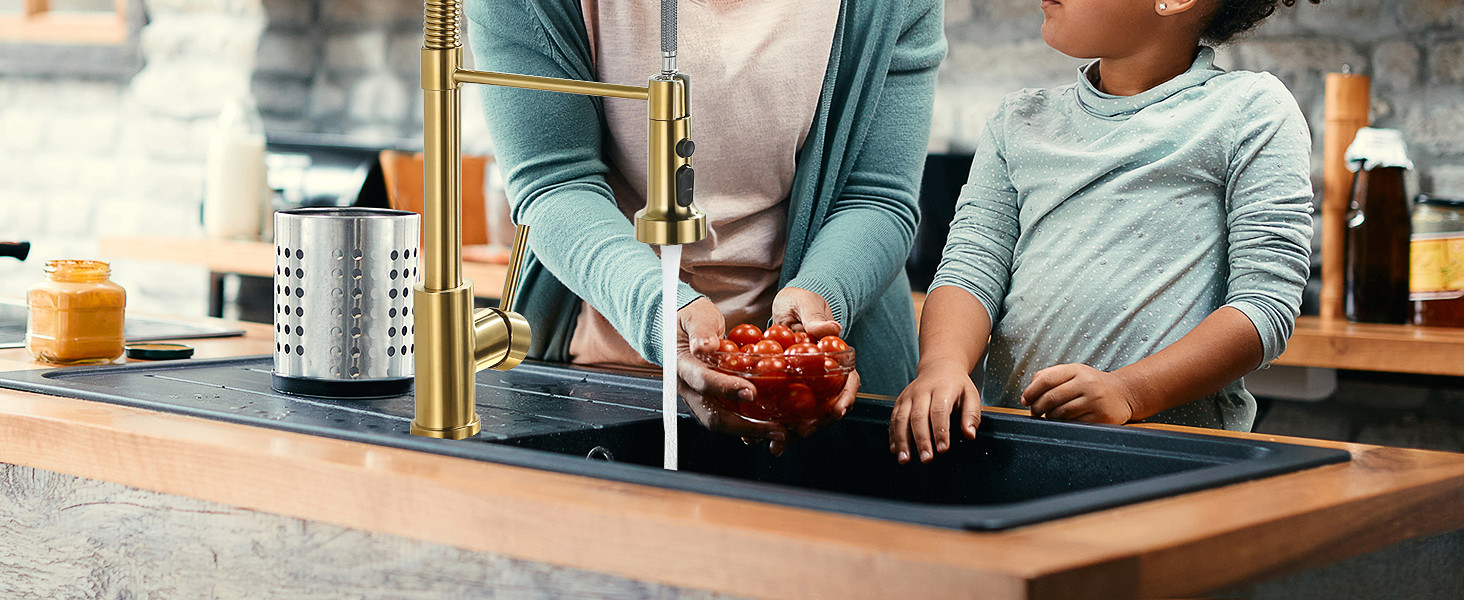 ARCORA Brushed Gold Pull Down Spring Kitchen Faucets with Deck Plate for Farmhouse RV Laundry - Hot Kitchen Faucets - 3