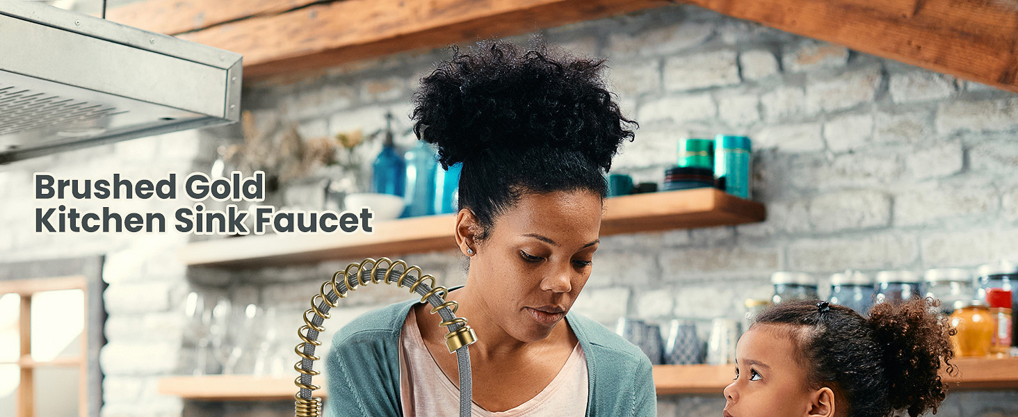 ARCORA Brushed Gold Pull Down Spring Kitchen Faucets with Deck Plate for Farmhouse RV Laundry - Hot Kitchen Faucets - 2