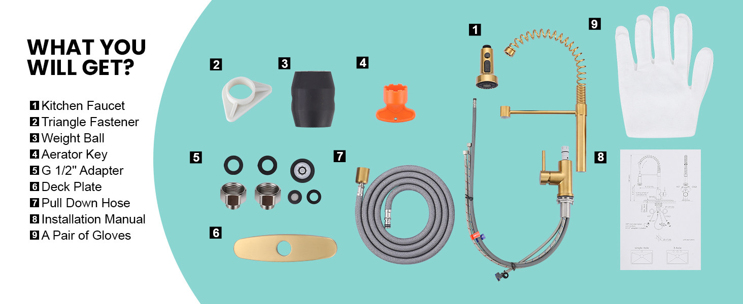 ARCORA Brushed Gold Pull Down Spring Kitchen Faucets with Deck Plate for Farmhouse RV Laundry - Hot Kitchen Faucets - 9