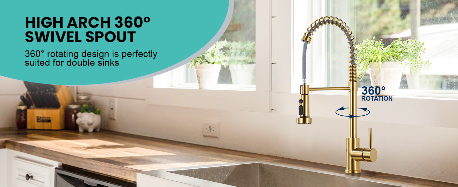 ARCORA Brushed Gold Pull Down Spring Kitchen Faucets with Deck Plate for Farmhouse RV Laundry - Hot Kitchen Faucets - 4